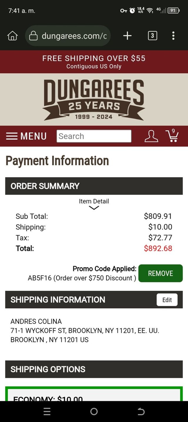 Dungarees checkout page showing Dungarees promo code box | Screenshot taken by SimplyCodes community member on Sep 26, 2024