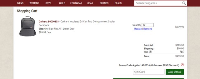 Dungarees checkout page showing Dungarees promo code box | Screenshot taken by SimplyCodes community member on Sep 15, 2024