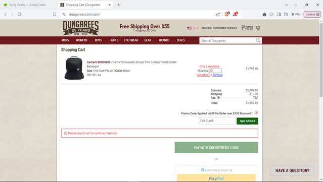 Dungarees checkout page showing Dungarees promo code box | Screenshot taken by SimplyCodes community member on Oct 6, 2024