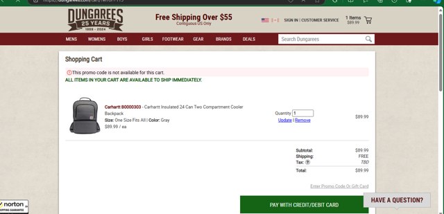 Dungarees checkout page showing Dungarees promo code box | Screenshot taken by SimplyCodes community member on Oct 6, 2024