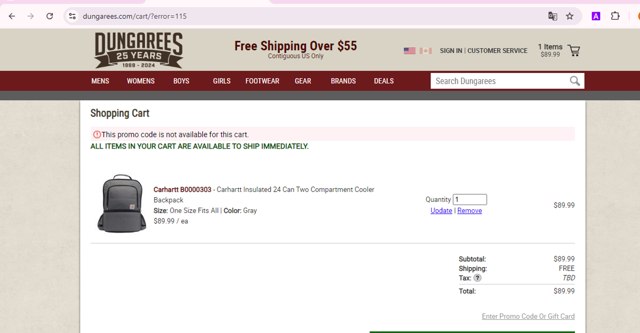 Dungarees checkout page showing Dungarees promo code box | Screenshot taken by SimplyCodes community member on Aug 12, 2024