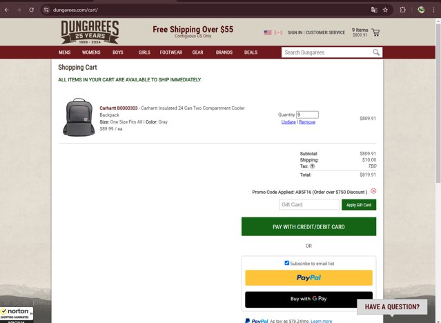Dungarees checkout page showing Dungarees promo code box | Screenshot taken by SimplyCodes community member on Sep 9, 2024