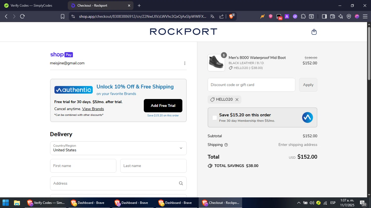Dunham promo code screenshot showing code HELLO20 applied at Dunham checkout page. Uploaded by SimplyCodes community member NobleFox488 on Jul 11, 2025