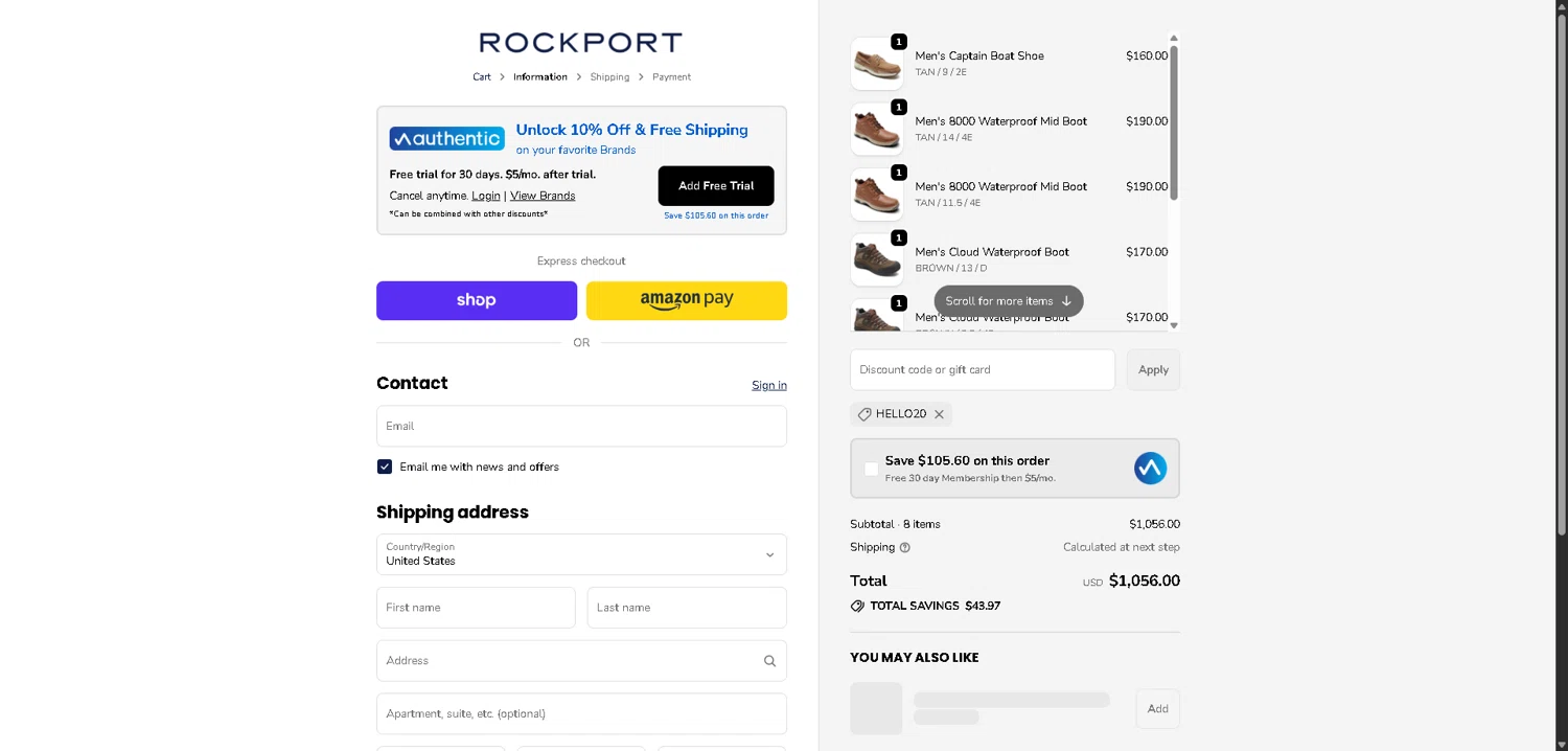 Dunham promo code screenshot showing code HELLO20 applied at Dunham checkout page. Uploaded by SimplyCodes community member VictoriousFinder4393 on Dec 29, 2025