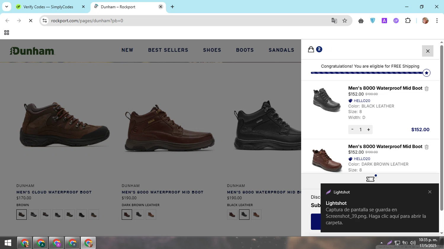 Dunham promo code screenshot showing code HELLO20 applied at Dunham checkout page. Uploaded by SimplyCodes community member hectorpetit1 on May 18, 2025