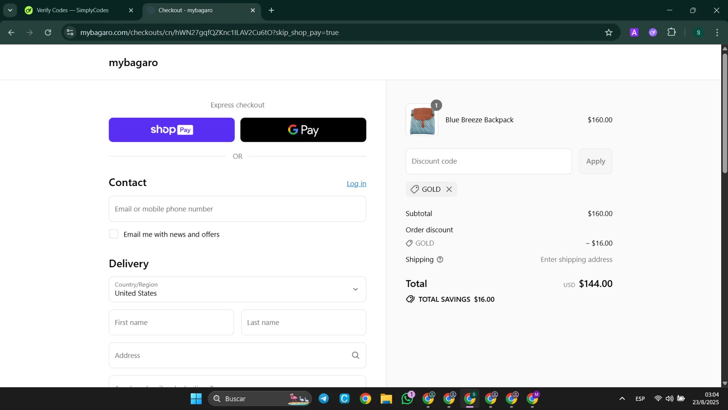 Dunham promo code screenshot showing code WELCOME20 applied at Dunham checkout page. Uploaded by SimplyCodes community member LuckyElite8069 on Aug 23, 2025