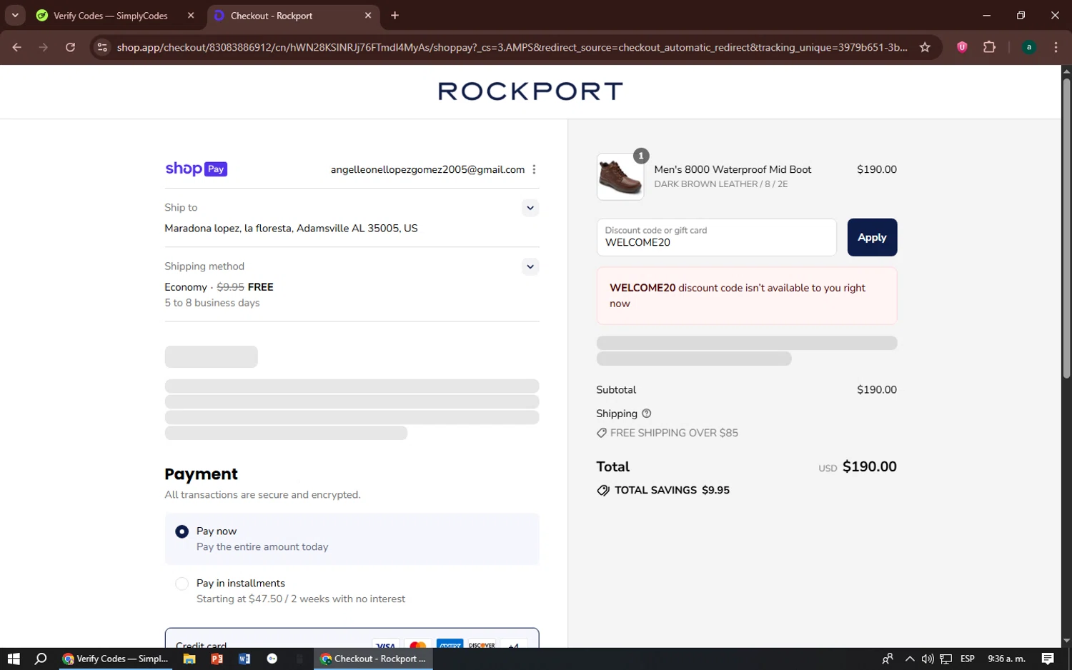 Dunham promo code screenshot showing code WELCOME20 applied at Dunham checkout page. Uploaded by SimplyCodes community member zizu55 on Aug 23, 2025