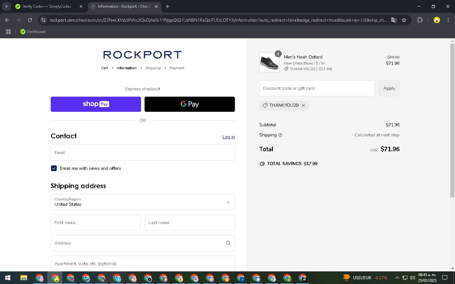 Dunham promo code screenshot showing code THANKYOU20 applied at Dunham checkout page. Uploaded by SimplyCodes community member SavingsElite8466 on Feb 25, 2025