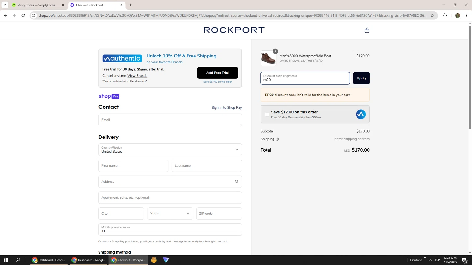 Dunham promo code screenshot showing code rp20 applied at Dunham checkout page. Uploaded by SimplyCodes community member Phoenix585 on Apr 17, 2025