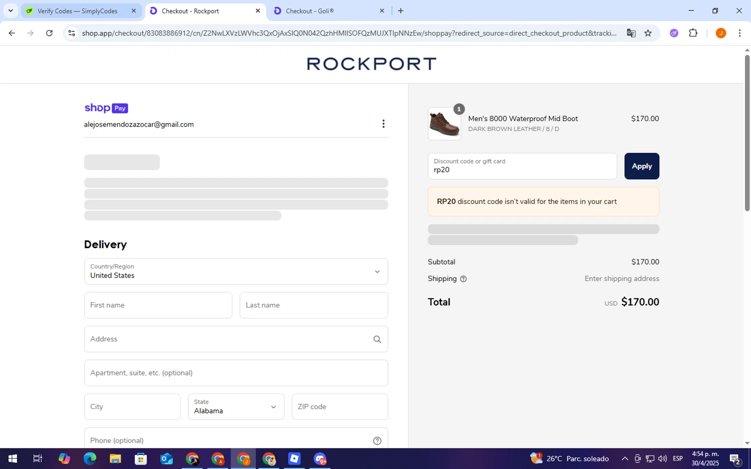 Dunham promo code screenshot showing code rp20 applied at Dunham checkout page. Uploaded by SimplyCodes community member TheCreature on Apr 30, 2025