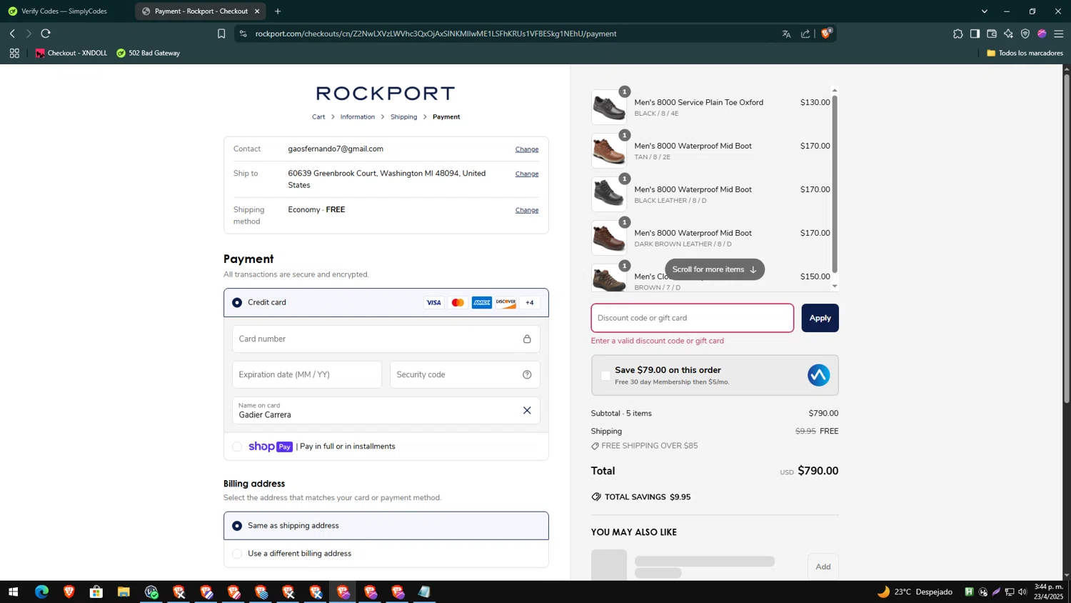 Dunham promo code screenshot showing code Rockport20 applied at Dunham checkout page. Uploaded by SimplyCodes community member VoucherWarden3396 on Apr 23, 2025