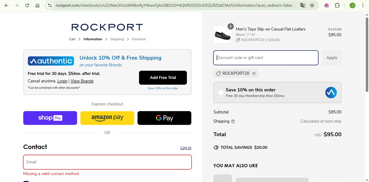 Dunham promo code screenshot showing code Rockport20 applied at Dunham checkout page. Uploaded by SimplyCodes community member ShrewdChaser7973 on Apr 23, 2025
