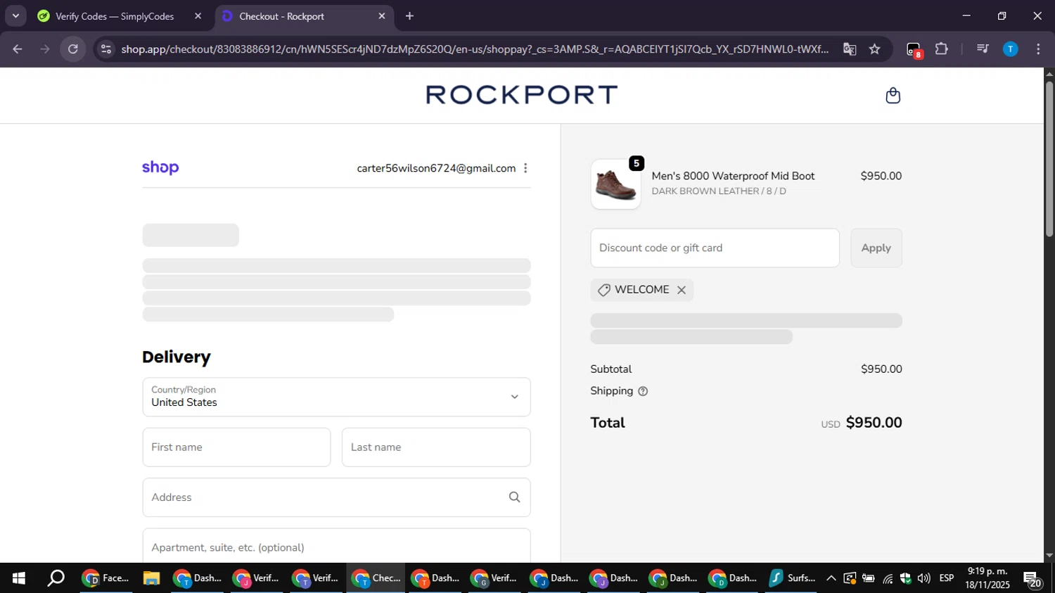 Dunham promo code screenshot showing code WELCOME applied at Dunham checkout page. Uploaded by SimplyCodes community member LuckyPioneer4530 on Nov 19, 2025