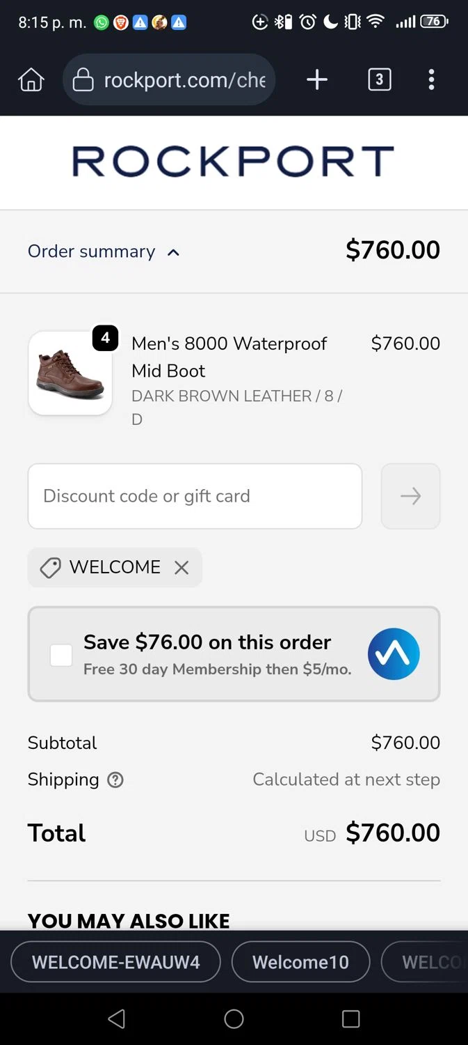 Dunham promo code screenshot showing code WELCOME applied at Dunham checkout page. Uploaded by SimplyCodes community member Georgeshalan on Nov 19, 2025