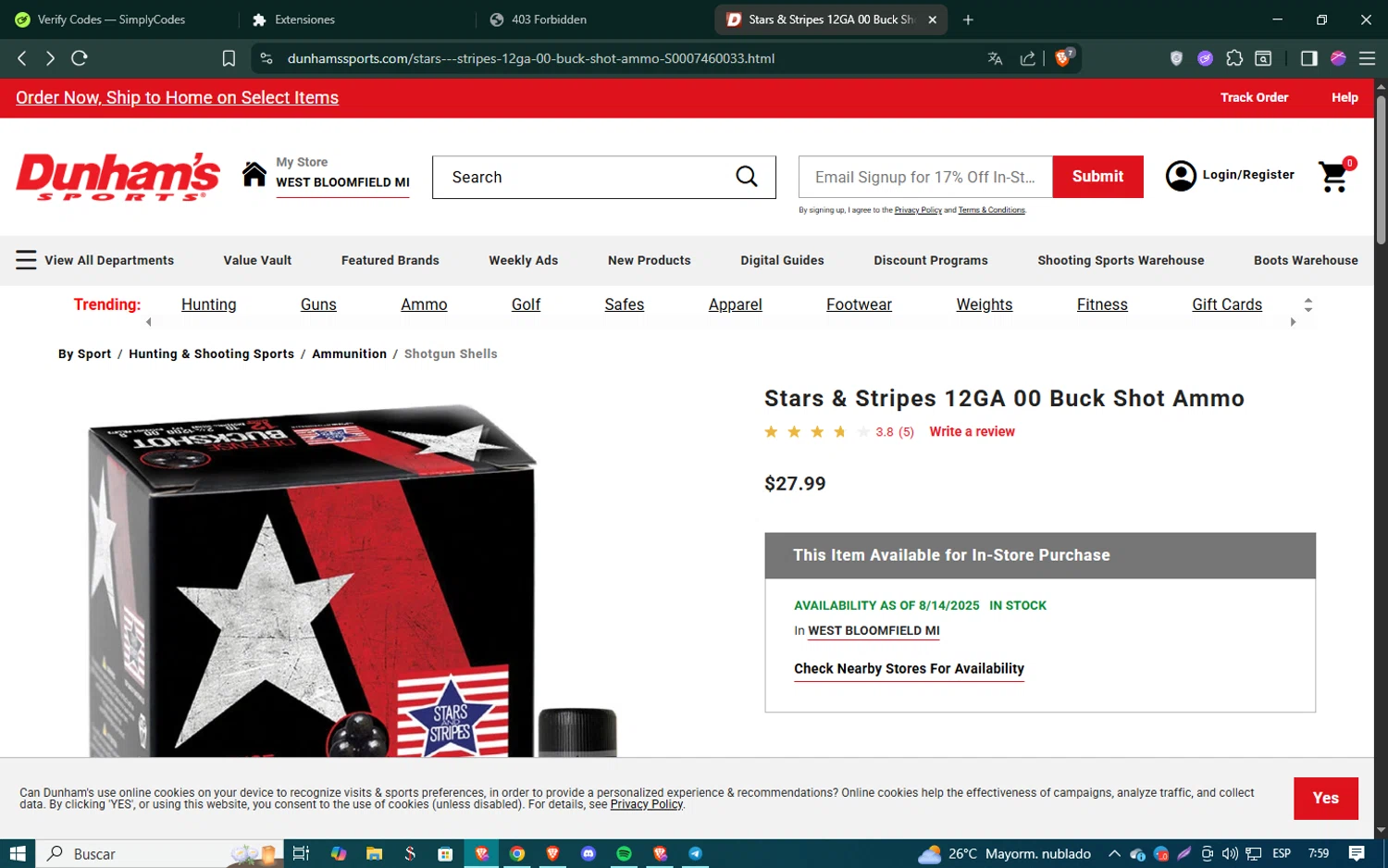Dunham's Sports promo code screenshot showing code C0533065000000 applied at Dunham's Sports checkout page. Uploaded by SimplyCodes community member SmartSaver5448 on Aug 15, 2025