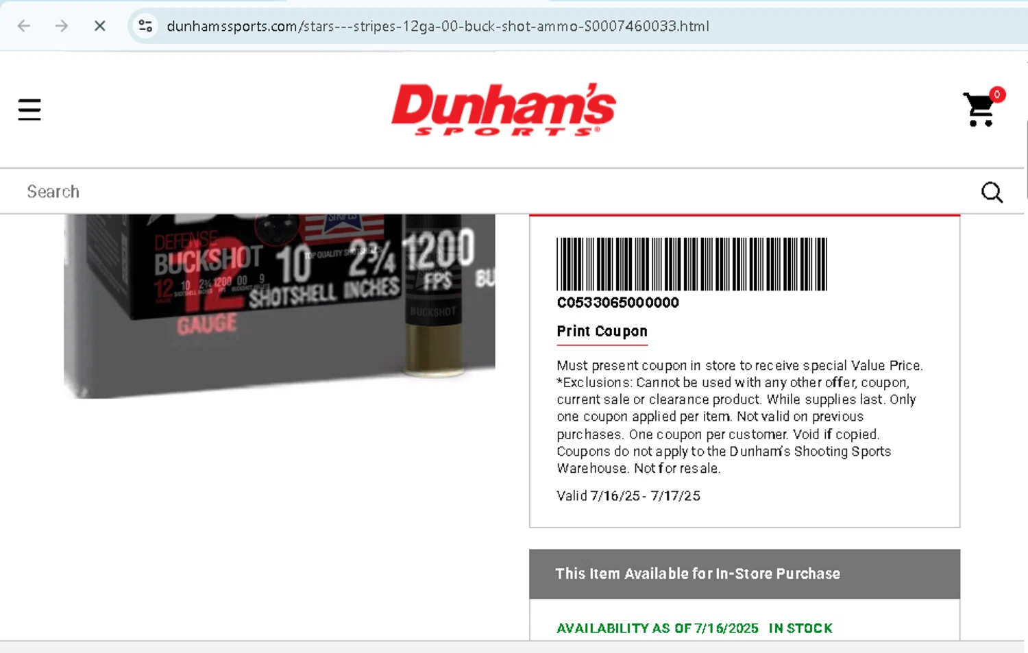 Dunham's Sports promo code screenshot showing code C0533065000000 applied at Dunham's Sports checkout page. Uploaded by SimplyCodes community member TokenMonarch796 on Jul 17, 2025