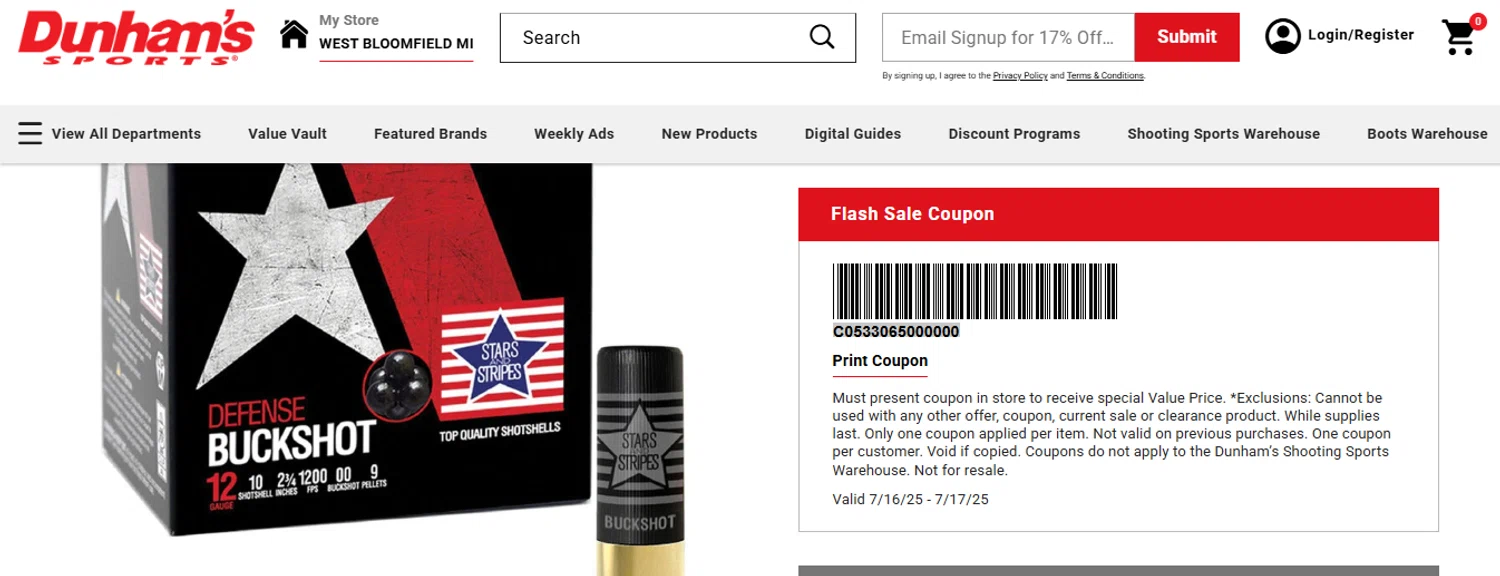 Dunham's Sports promo code screenshot showing code C0533065000000 applied at Dunham's Sports checkout page. Uploaded by SimplyCodes community member ashe1986 on Jul 17, 2025