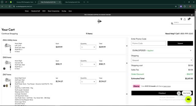 Dunlop Sports checkout page showing Dunlop Sports promo code box | Screenshot taken by SimplyCodes community member on Jul 20, 2025