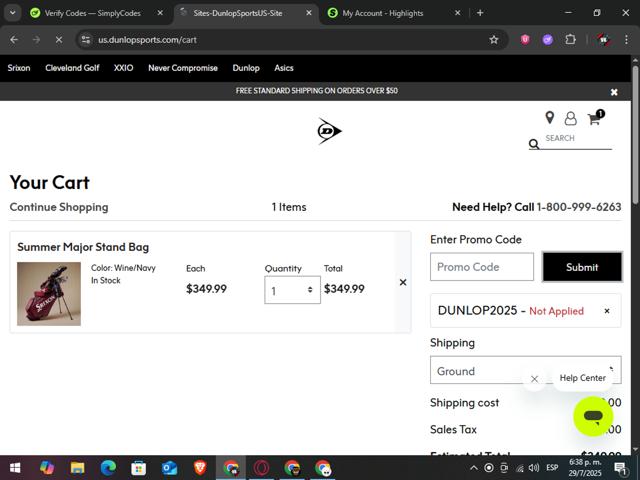 Dunlop Sports checkout page showing Dunlop Sports promo code box | Screenshot taken by SimplyCodes community member on Jul 29, 2025