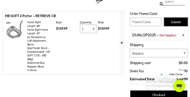 Dunlop Sports checkout page showing Dunlop Sports promo code box | Screenshot taken by SimplyCodes community member on Sep 7, 2025