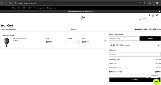 Dunlop Sports checkout page showing Dunlop Sports promo code box | Screenshot taken by SimplyCodes community member on Aug 11, 2025