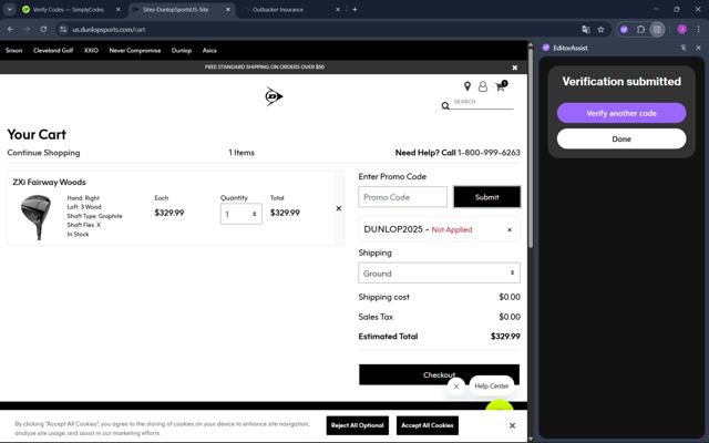 Dunlop Sports checkout page showing Dunlop Sports promo code box | Screenshot taken by SimplyCodes community member on Sep 13, 2025