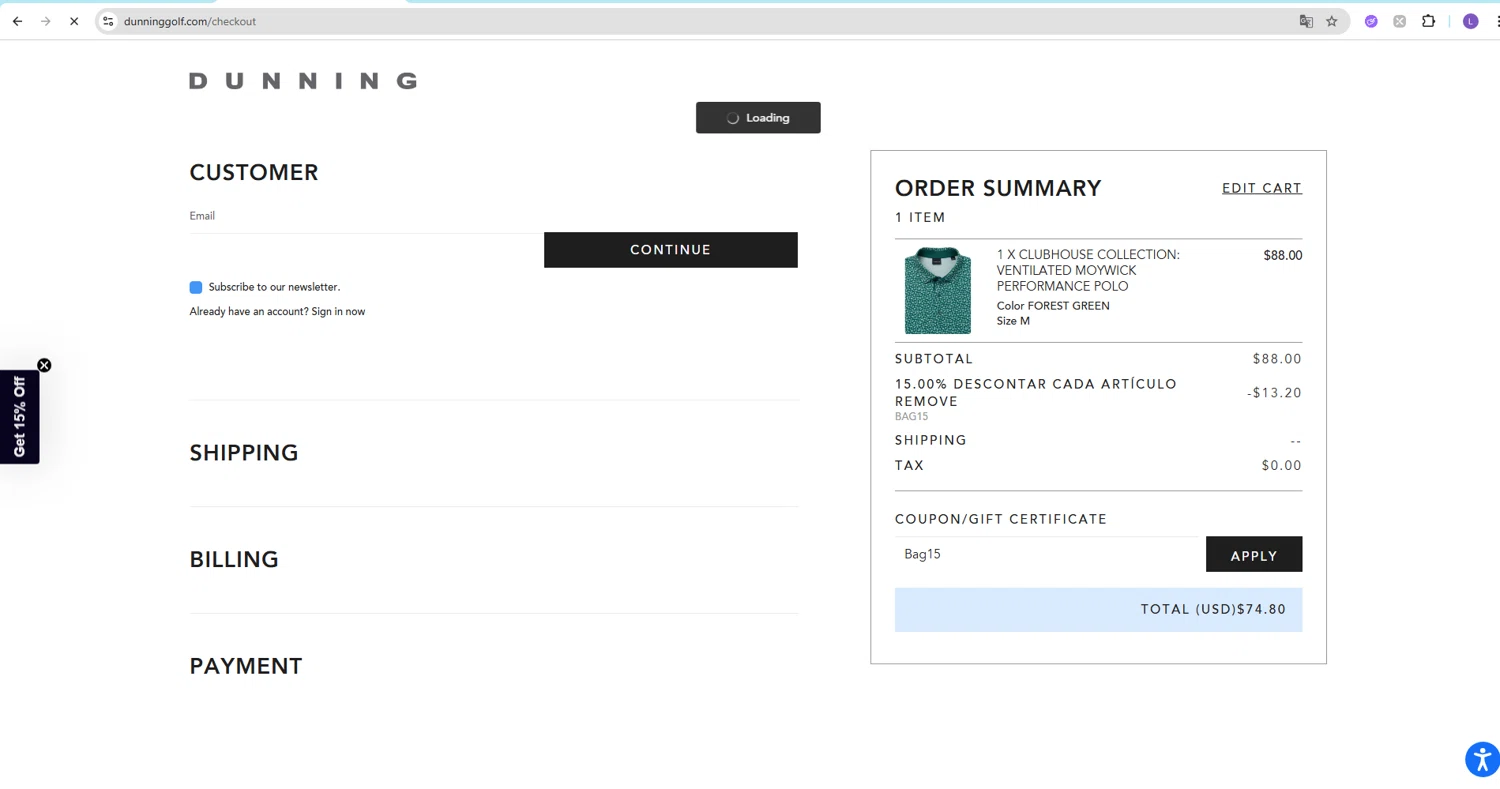 Dunning Golf coupon code screenshot showing code Bag15 applied at Dunning Golf checkout page. Uploaded by SimplyCodes community member NobleKnight286 on Apr 6, 2025