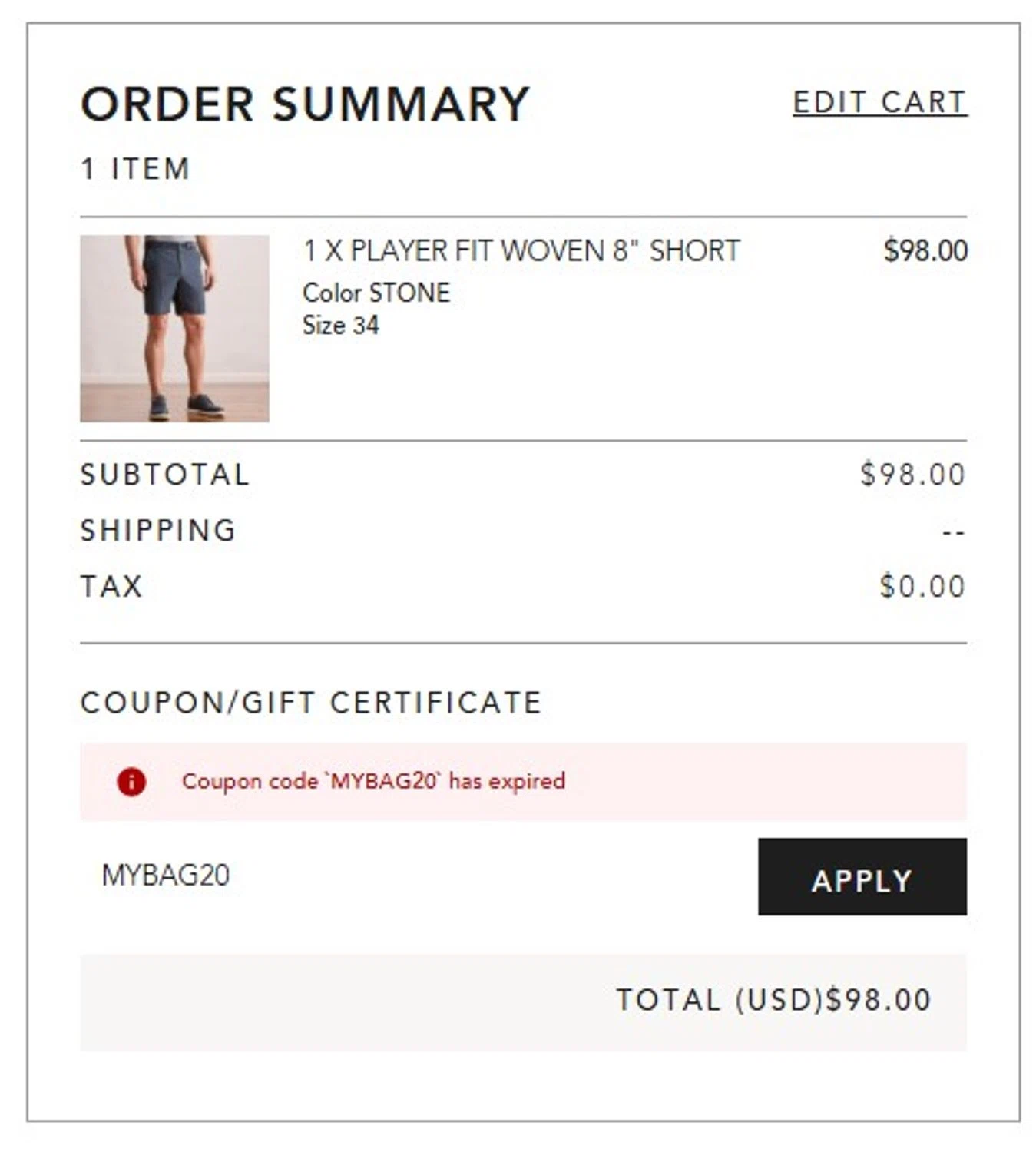 Dunning Golf coupon code screenshot showing code MYBAG20 applied at Dunning Golf checkout page. Uploaded by SimplyCodes community member FortunateScholar5901 on Jul 29, 2025