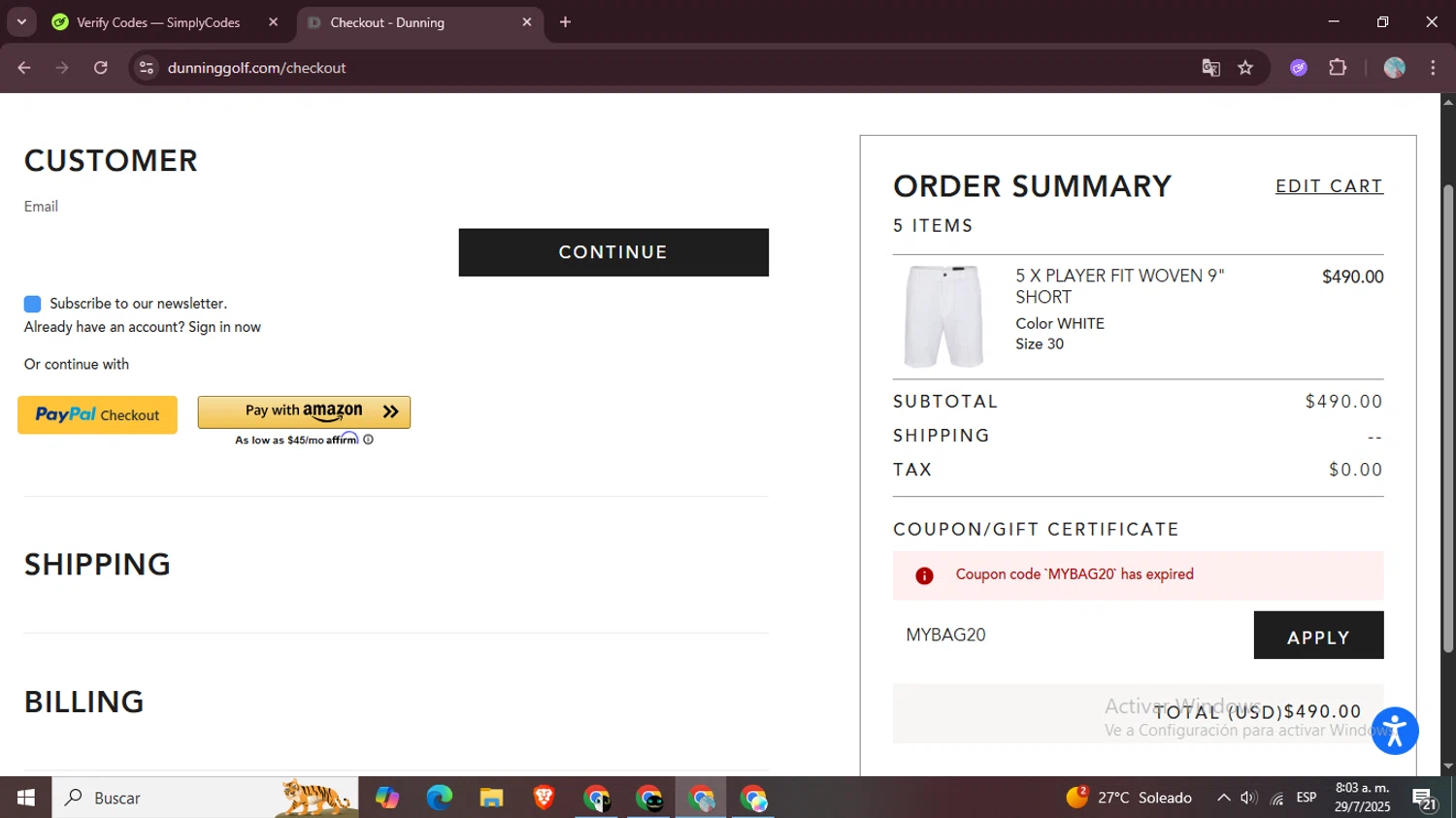 Dunning Golf coupon code screenshot showing code MYBAG20 applied at Dunning Golf checkout page. Uploaded by SimplyCodes community member LegendaryPro7106 on Jul 29, 2025