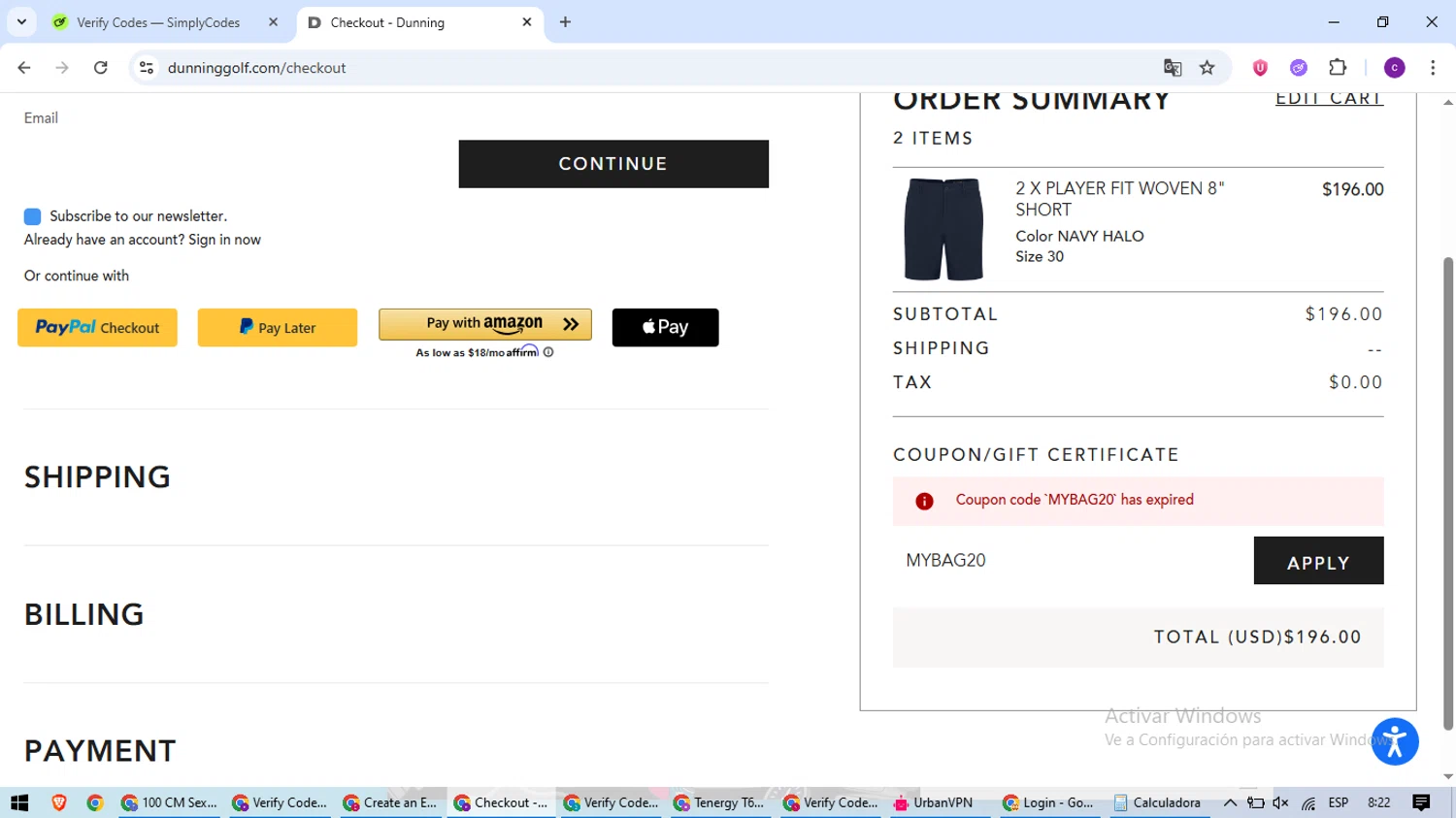 Dunning Golf coupon code screenshot showing code MYBAG20 applied at Dunning Golf checkout page. Uploaded by SimplyCodes community member SavingsWarden1053 on Jul 29, 2025
