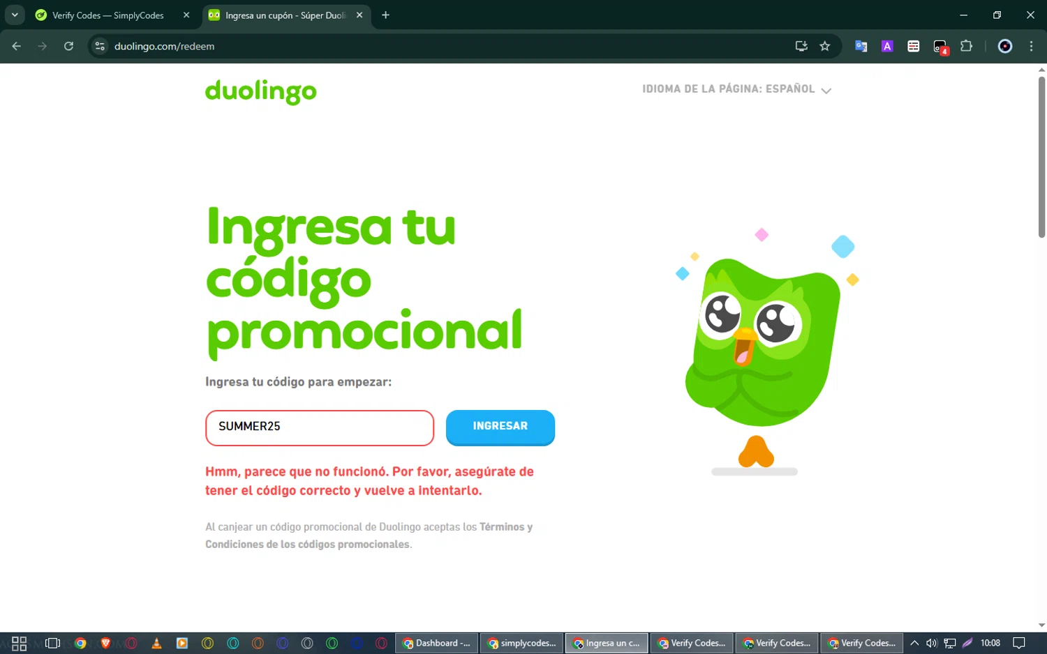 Duolingo promo code screenshot showing code SUMMER25 applied at Duolingo checkout page. Uploaded by SimplyCodes community member NobleShopper9818 on Mar 14, 2025
