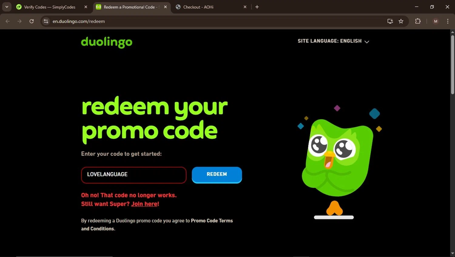 Duolingo promo code screenshot showing code LOVELANGUAGE applied at Duolingo checkout page. Uploaded by SimplyCodes community member MightyGuardian6645 on Apr 23, 2025