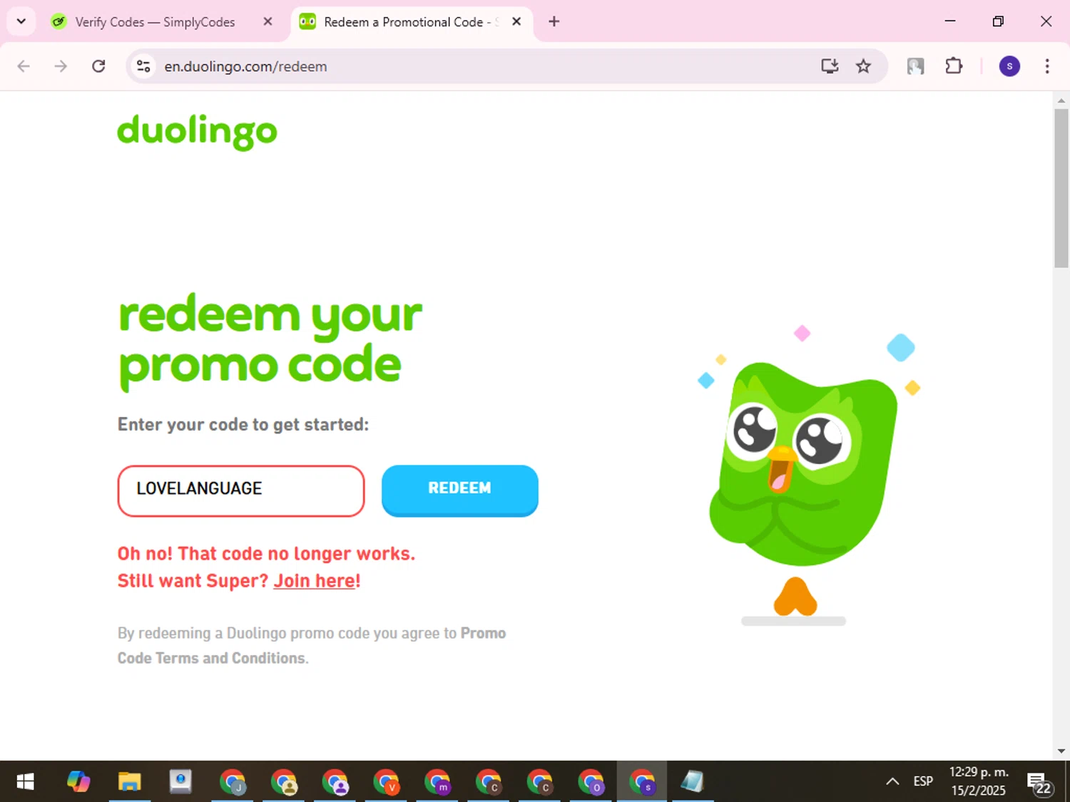Duolingo promo code screenshot showing code LOVELANGUAGE applied at Duolingo checkout page. Uploaded by SimplyCodes community member QuestCurator1644 on Feb 15, 2025