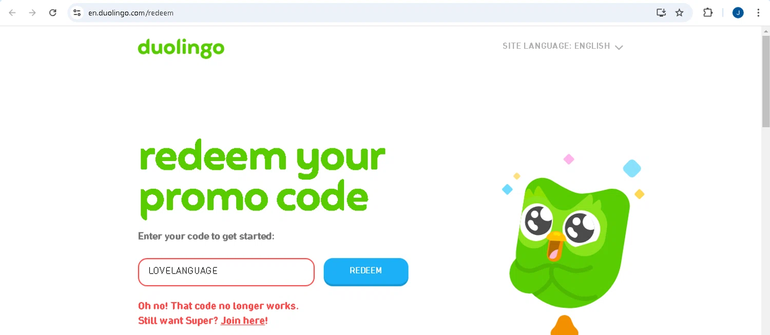 Duolingo promo code screenshot showing code LOVELANGUAGE applied at Duolingo checkout page. Uploaded by SimplyCodes community member josecaraballo1 on Mar 8, 2025