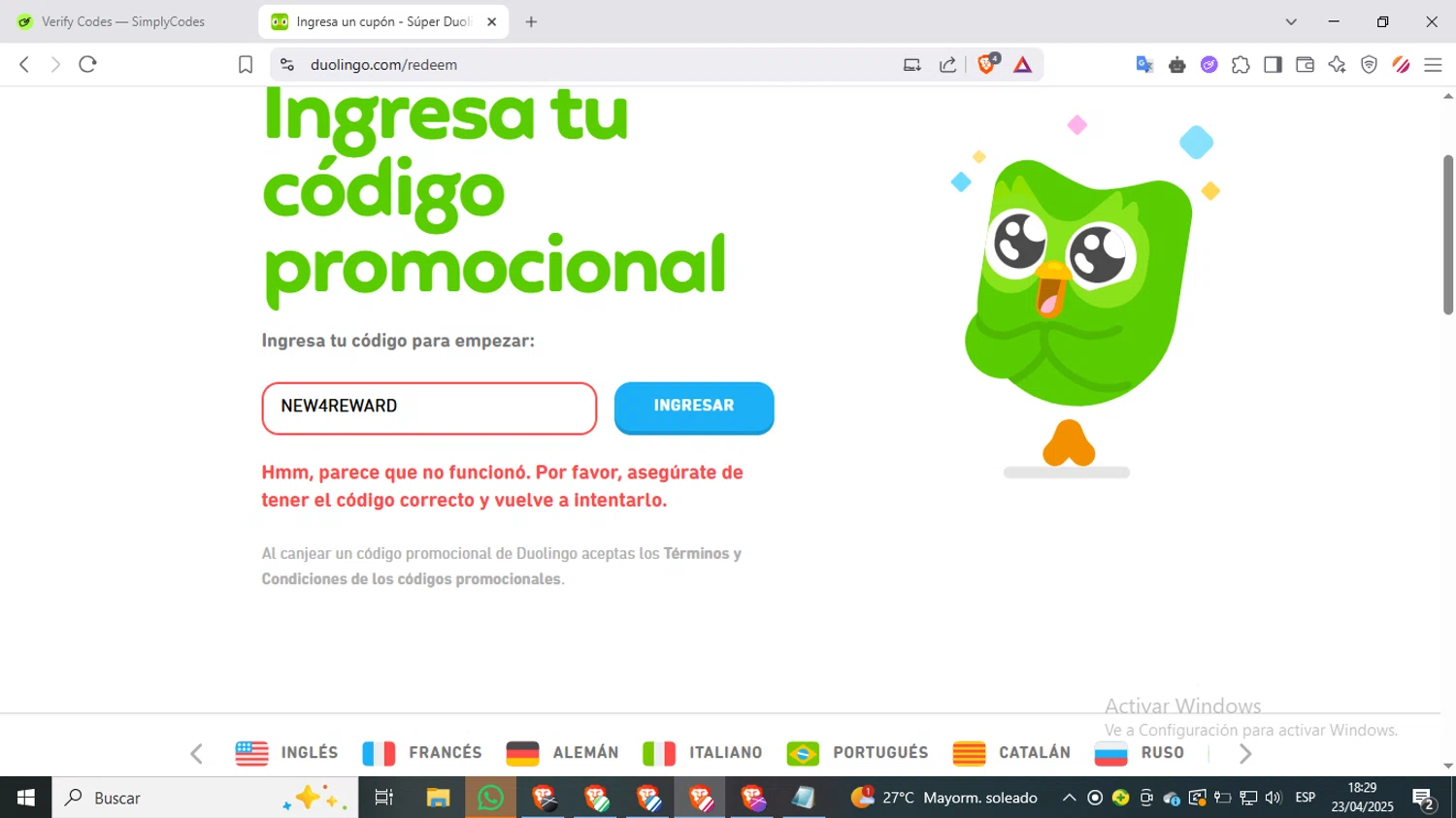 Duolingo promo code screenshot showing code NEW4REWARD applied at Duolingo checkout page. Uploaded by SimplyCodes community member PennyMaverick9741 on Apr 23, 2025