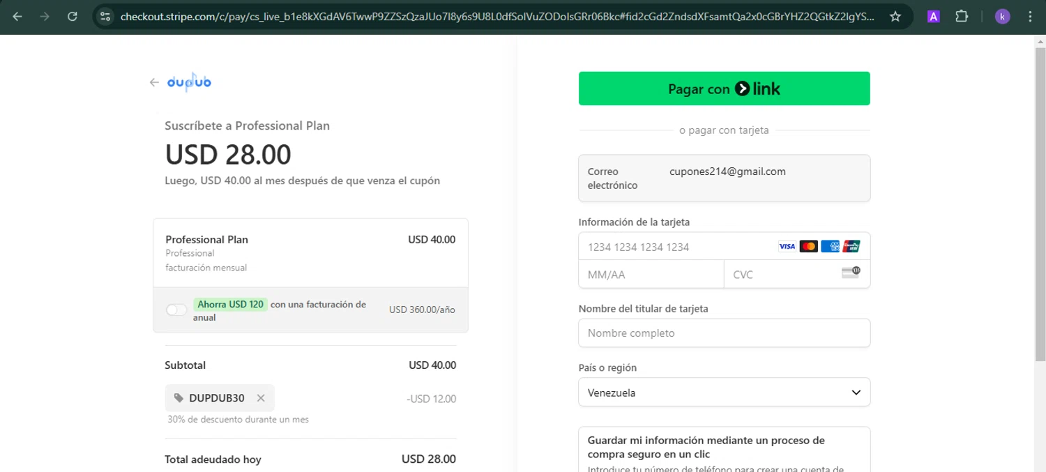 DupDub promo code screenshot showing code DUPDUB30 applied at DupDub checkout page. Uploaded by SimplyCodes community member SwiftLynx6587 on Feb 8, 2025