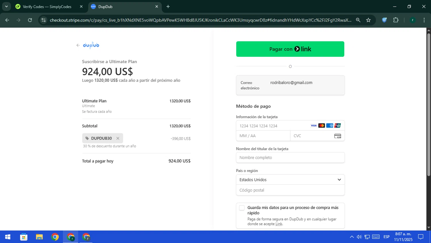 DupDub promo code screenshot showing code DUPDUB30 applied at DupDub checkout page. Uploaded by SimplyCodes community member rodri1 on Nov 11, 2025