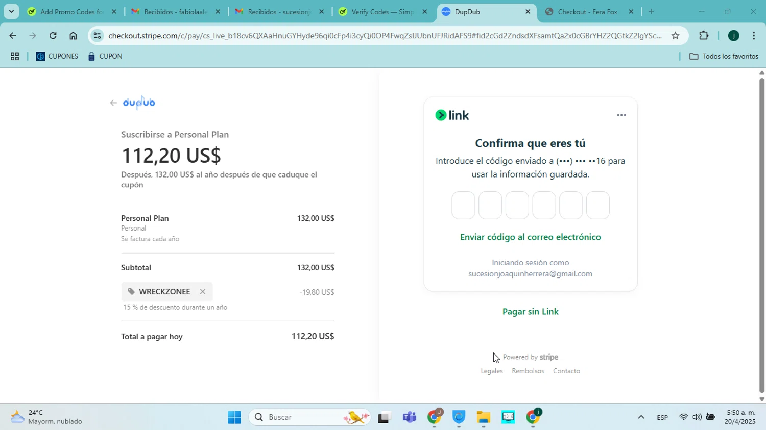 DupDub promo code screenshot showing code wreckzonee applied at DupDub checkout page. Uploaded by SimplyCodes community member jorgejavierherrera on Apr 20, 2025