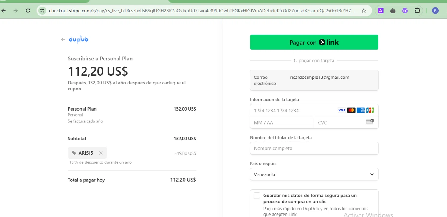DupDub promo code screenshot showing code Aris15 applied at DupDub checkout page. Uploaded by SimplyCodes community member CoinOwl9375 on Apr 18, 2025