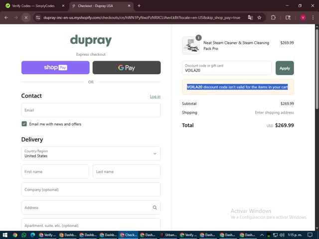 Dupray checkout page showing Dupray discount code box | Screenshot taken by SimplyCodes community member on Aug 4, 2025