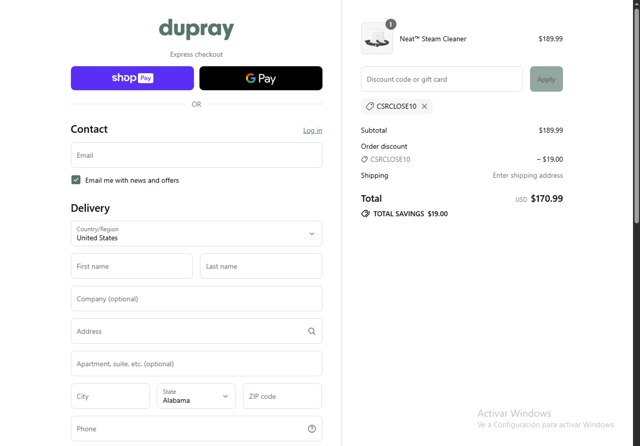 Dupray checkout page showing Dupray discount code box | Screenshot taken by SimplyCodes community member on Jul 18, 2025