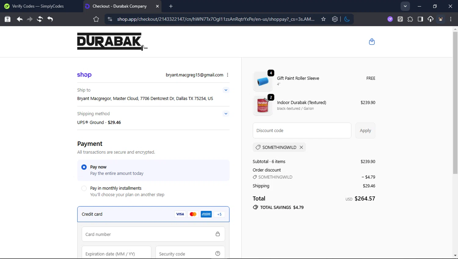 Durabak promo code screenshot showing code SOMETHINGWILD applied at Durabak checkout page. Uploaded by SimplyCodes community member LegendaryCollector6259 on Jan 11, 2026