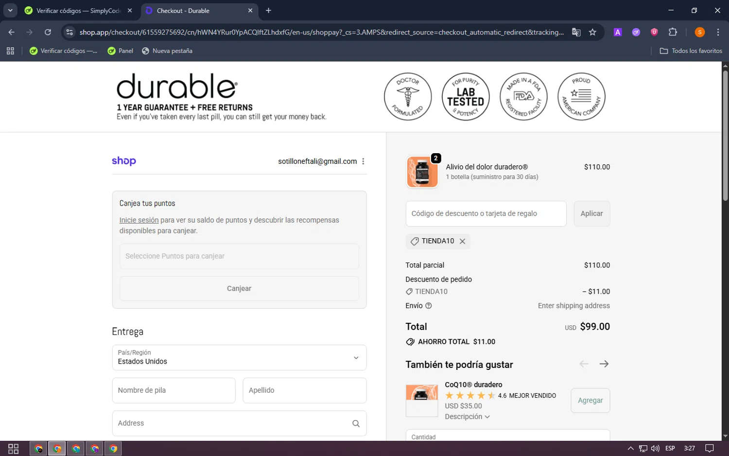 Durable promo code screenshot showing code SHOP10 applied at Durable checkout page. Uploaded by SimplyCodes community member MangoFC on Oct 26, 2025