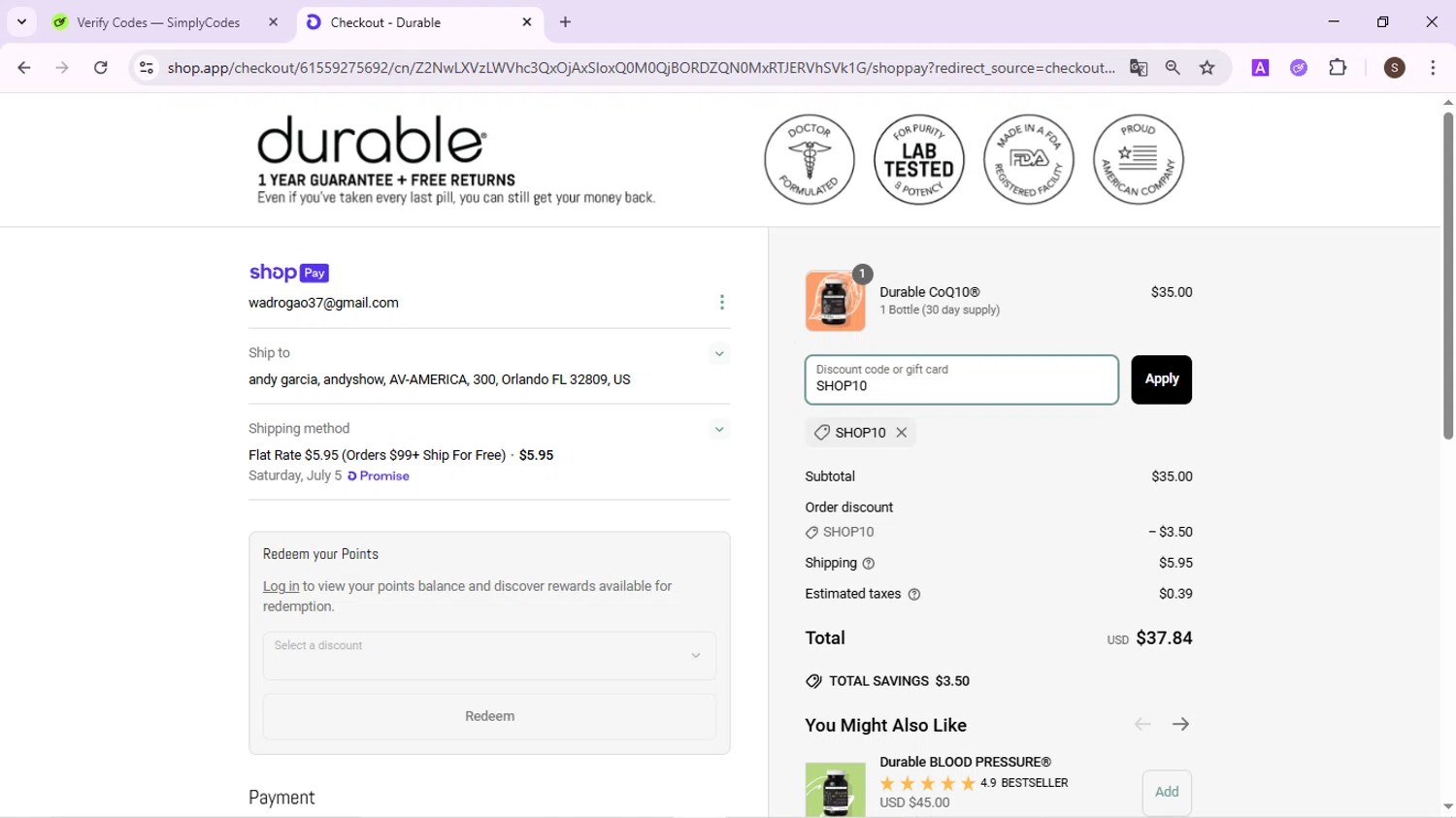 Durable promo code screenshot showing code SHOP10 applied at Durable checkout page. Uploaded by SimplyCodes community member QuestPhoenix2794 on Jun 30, 2025