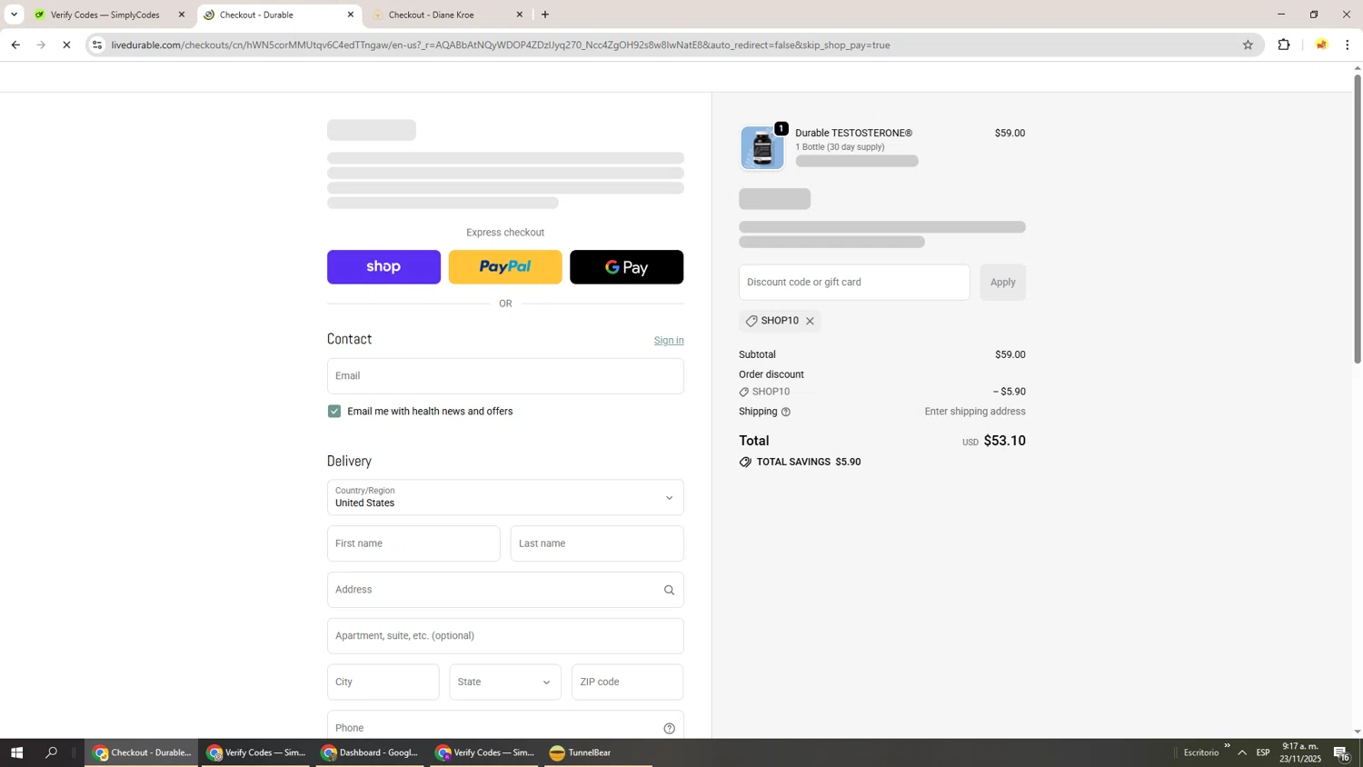 Durable promo code screenshot showing code SHOP10 applied at Durable checkout page. Uploaded by SimplyCodes community member Richard251 on Nov 23, 2025