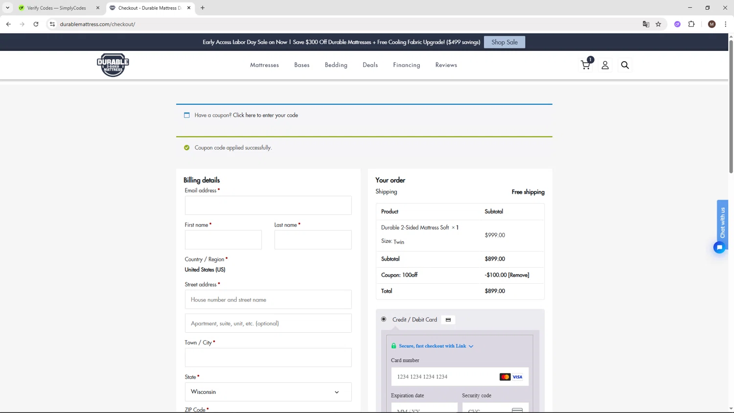 Durable Mattress promo code screenshot showing code 100off applied at Durable Mattress checkout page. Uploaded by SimplyCodes community member KTMCRF on Aug 12, 2025