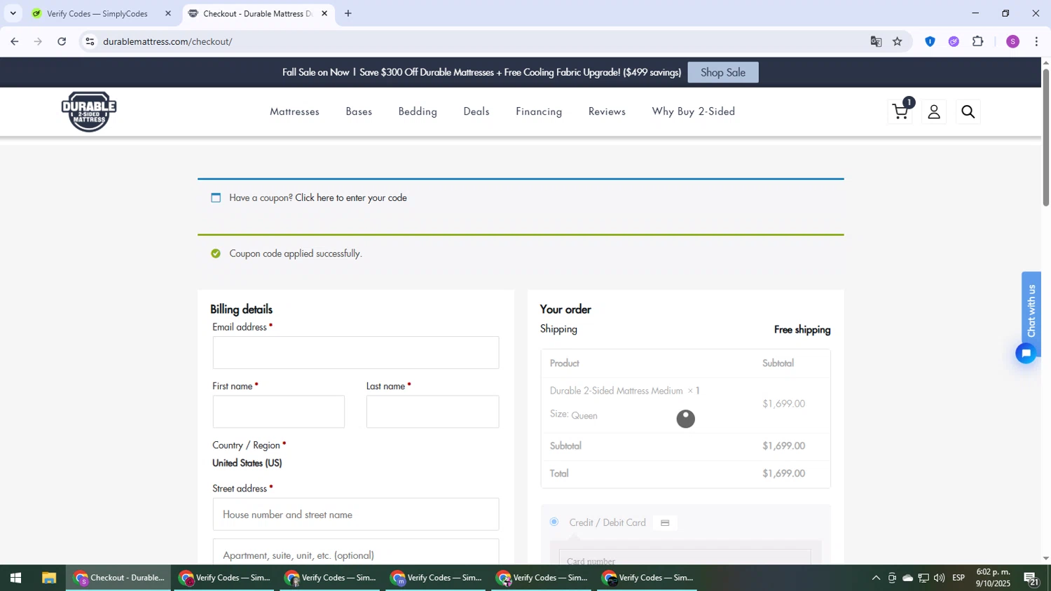 Durable Mattress promo code screenshot showing code 100off applied at Durable Mattress checkout page. Uploaded by SimplyCodes community member Son_Goku on Oct 9, 2025