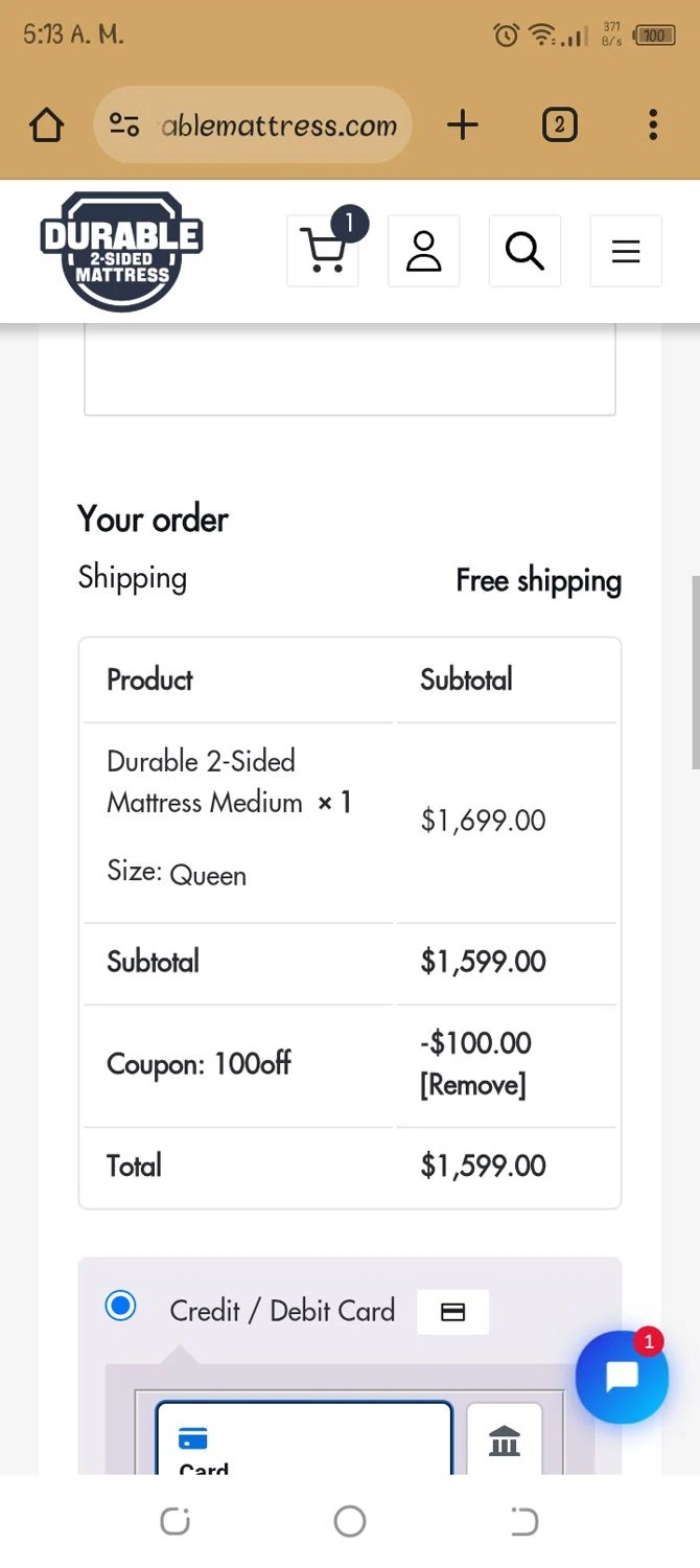 Durable Mattress promo code screenshot showing code 100off applied at Durable Mattress checkout page. Uploaded by SimplyCodes community member peterjanse on Nov 3, 2025