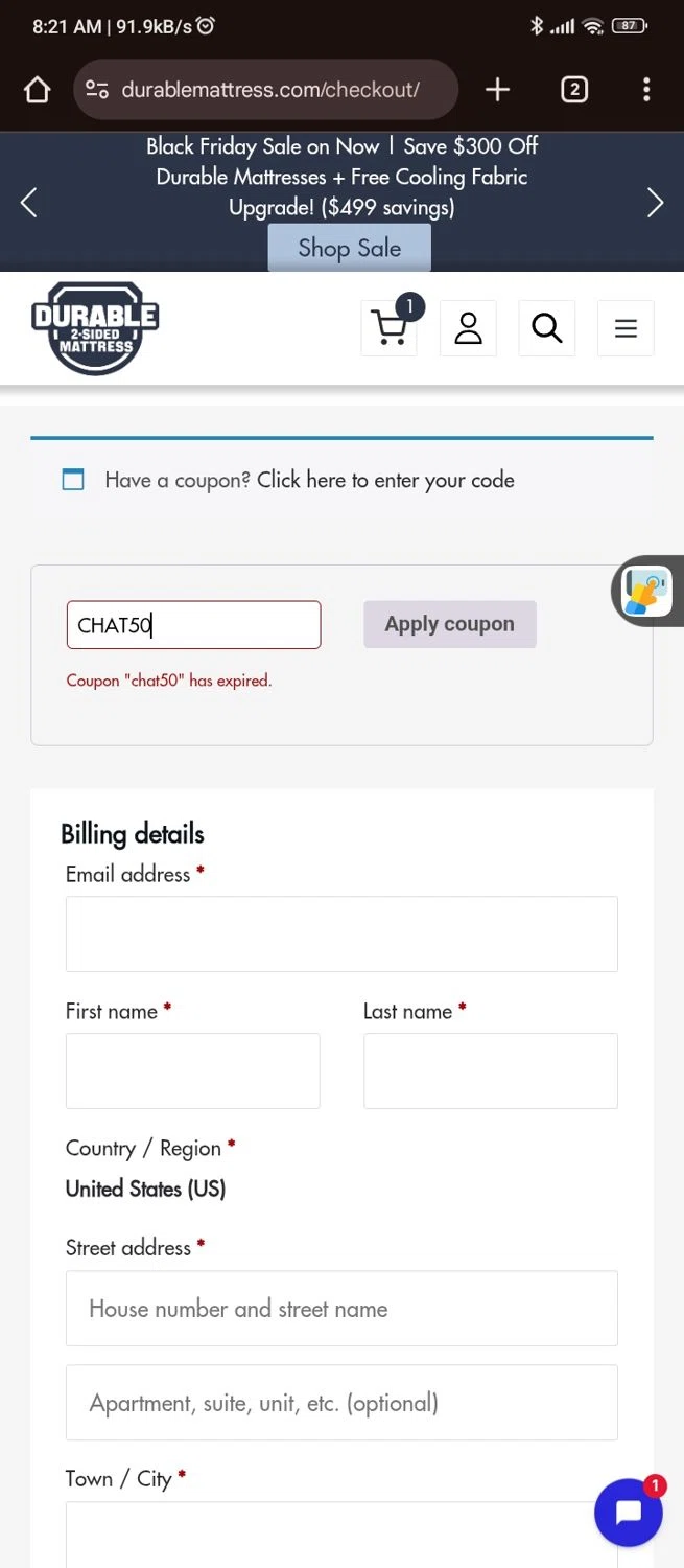 Durable Mattress promo code screenshot showing code CHAT50 applied at Durable Mattress checkout page. Uploaded by SimplyCodes community member RebateRanger5627 on Dec 2, 2025