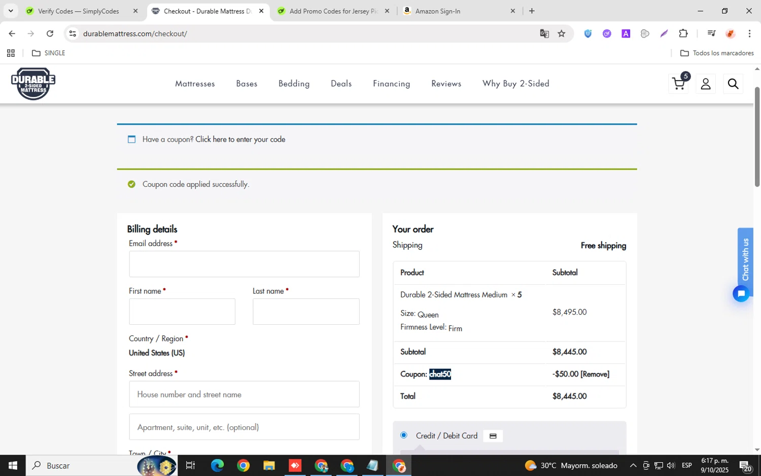 Durable Mattress checkout page showing Durable Mattress promo code box | Screenshot taken by SimplyCodes community member on Oct 9, 2025